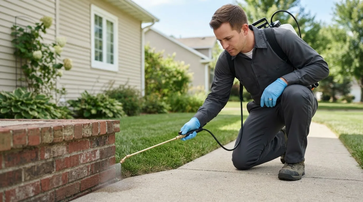 Pest control technician treating a home near Cleveland, MN